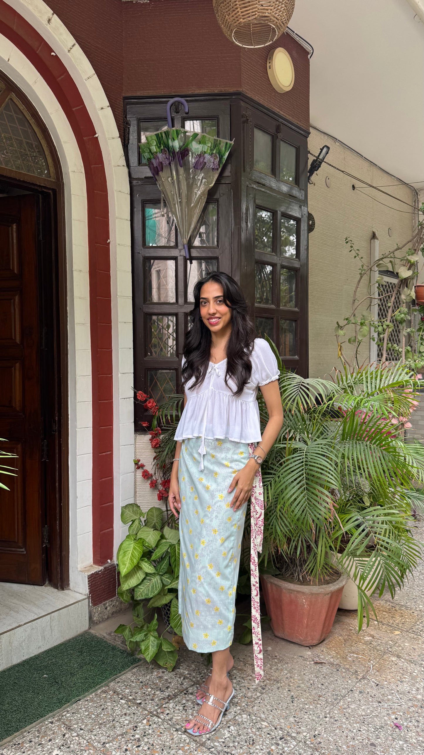 Reversible Pencil Cotton Wrap Skirt- White/Light blue (Premium Collection)