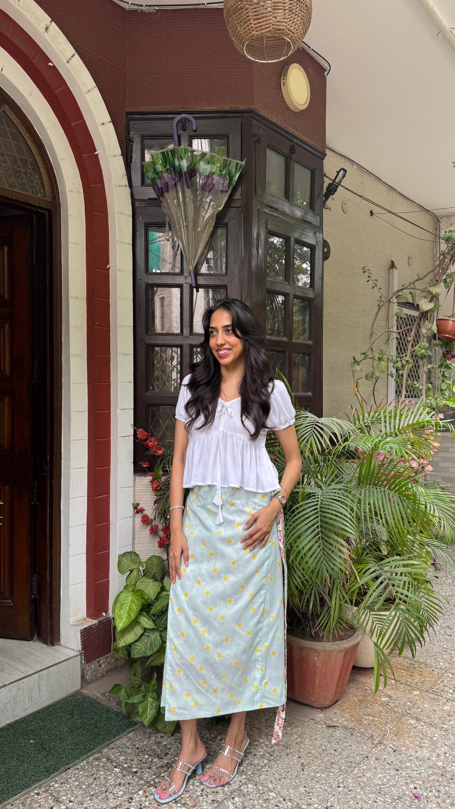 Reversible Pencil Cotton Wrap Skirt- White/Light blue (Premium Collection)