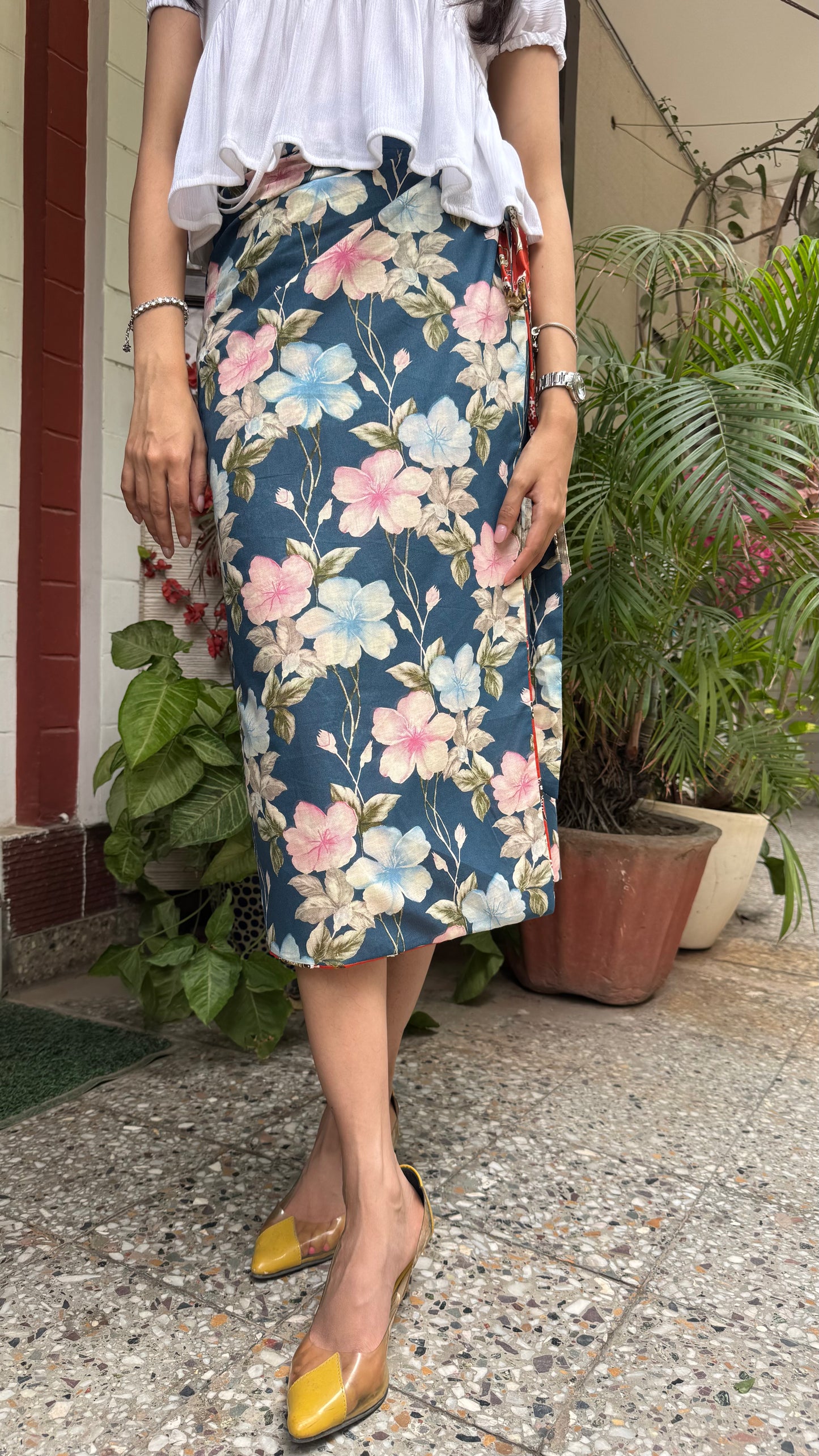 Reversible Pencil Cotton Wrap Skirt- Rust/Blue  (Premium Collection)