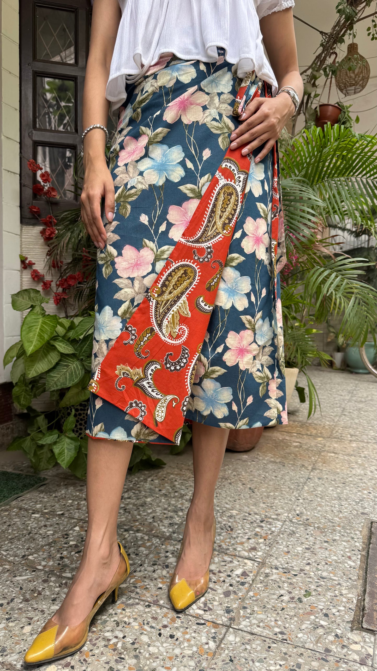 Reversible Pencil Cotton Wrap Skirt- Rust/Blue  (Premium Collection)