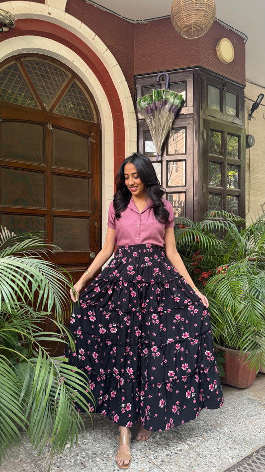 Señorita Tiered Maxi Skirt - Black Floral (Free Size)