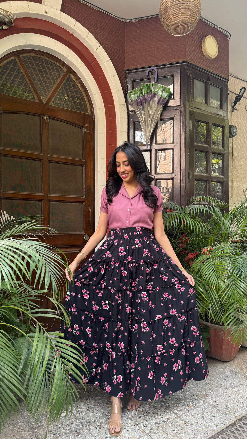 Señorita Tiered Maxi Skirt - Black Floral (Free Size)