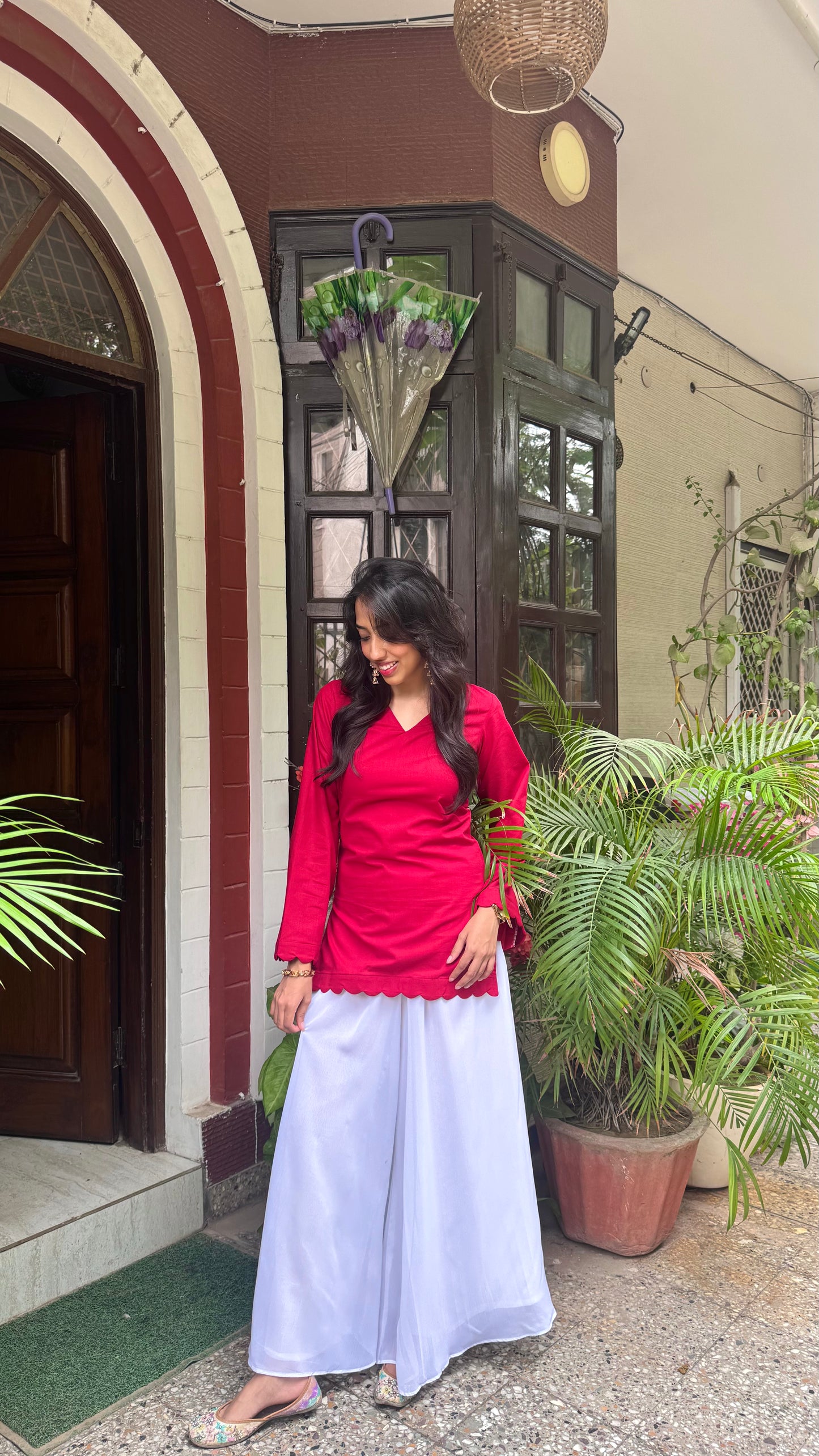 Mulberry Scalloped Corset Kurti - Red Maroon