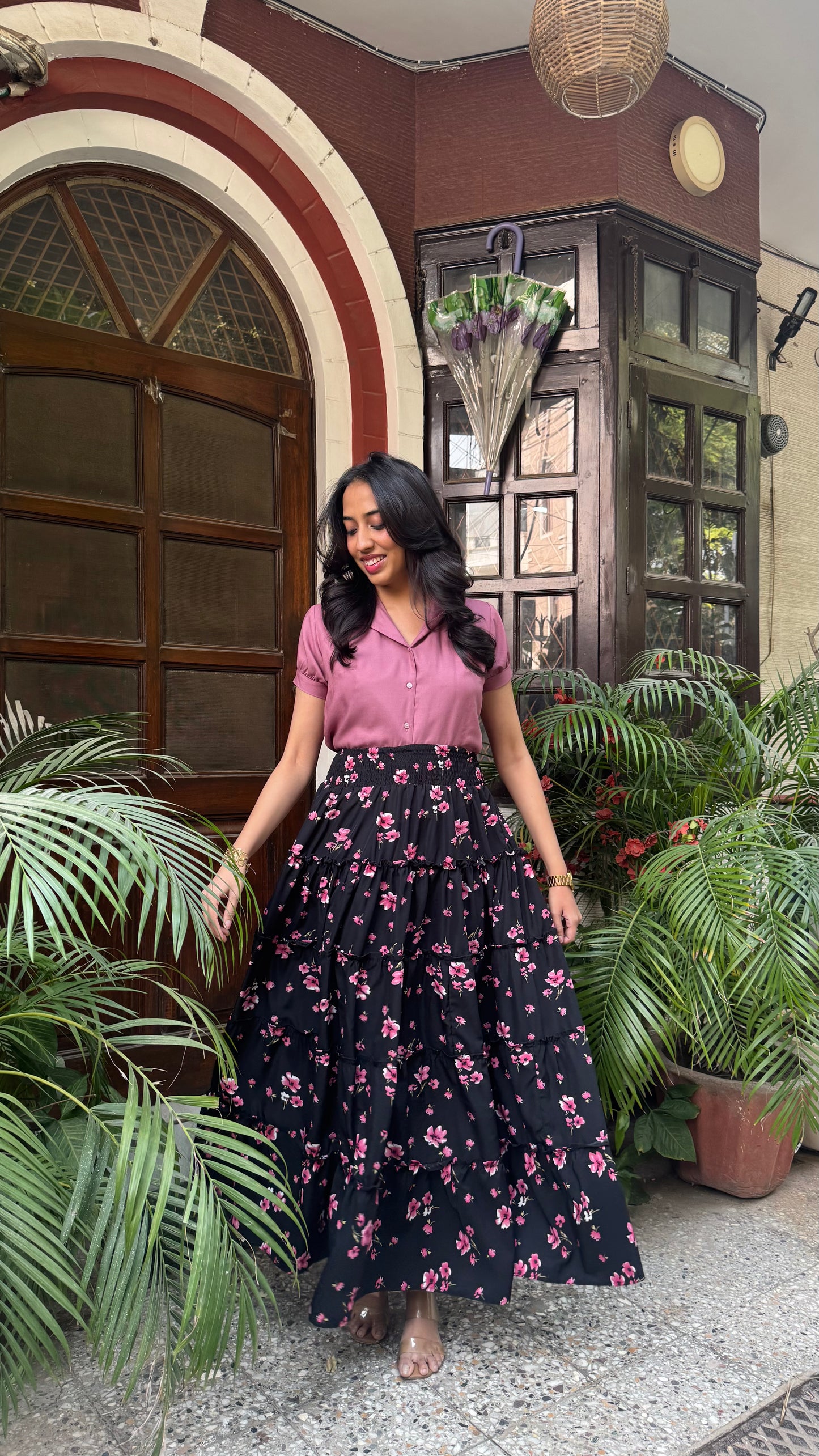 Señorita Tiered Maxi Skirt - Black Floral (Free Size)