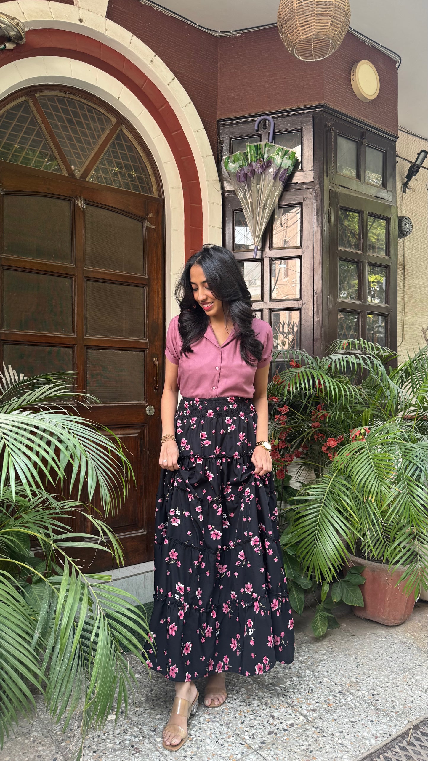 Señorita Tiered Maxi Skirt - Black Floral (Free Size)