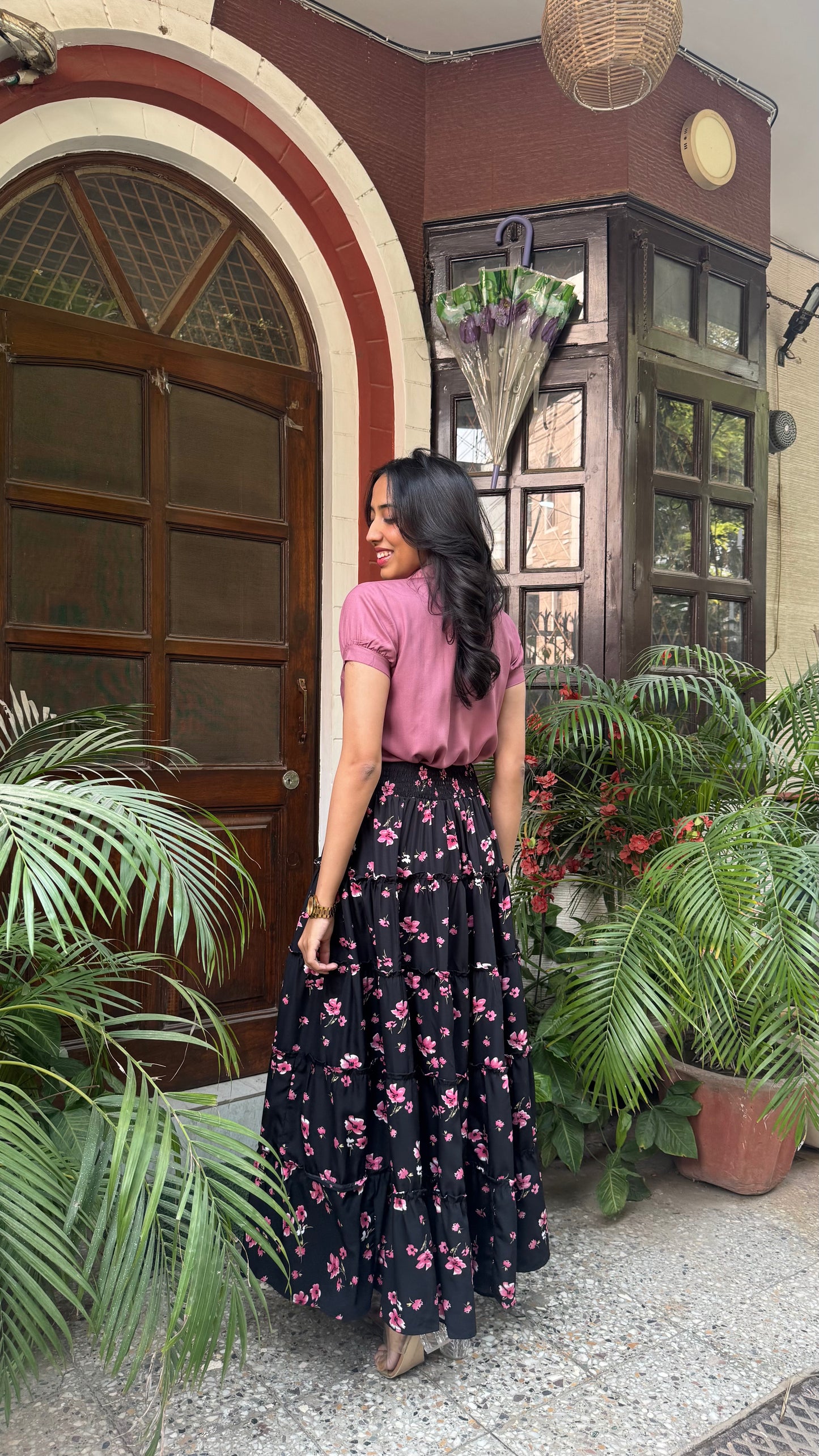 Señorita Tiered Maxi Skirt - Black Floral (Free Size)