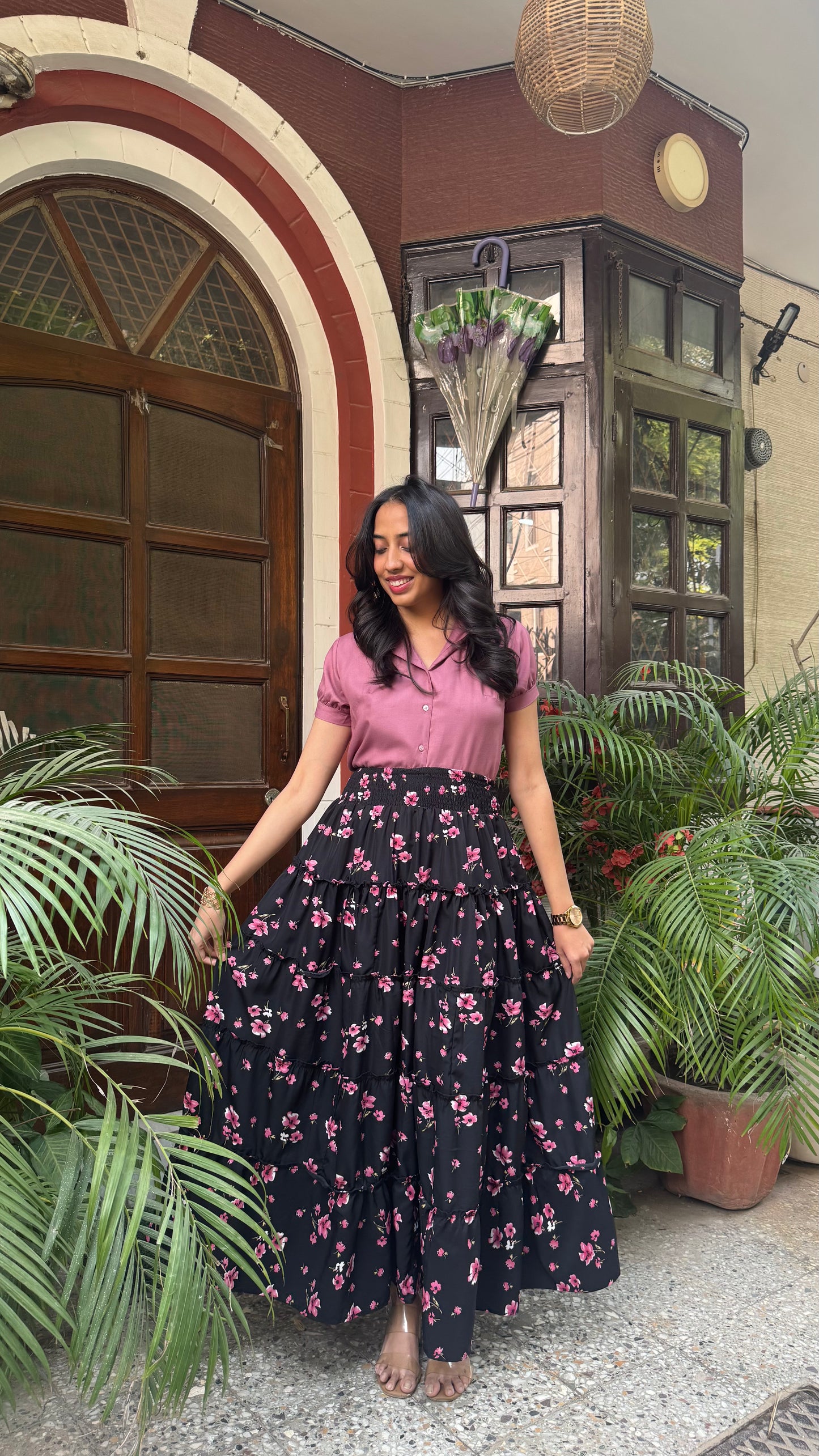 Señorita Tiered Maxi Skirt - Black Floral (Free Size)