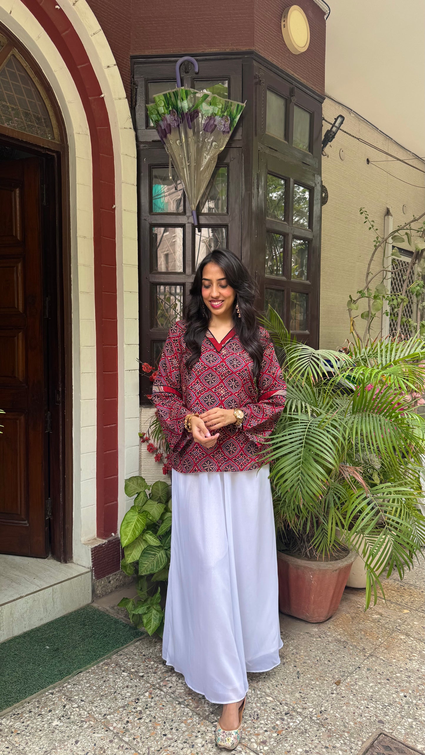 Ajrakh Short Cotton Kurti - Maroon