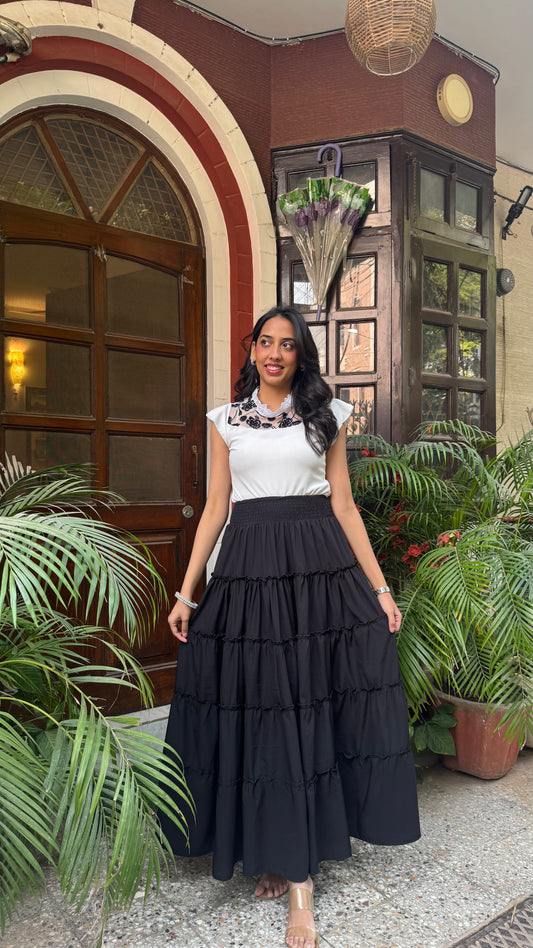 Señorita Tiered Maxi Skirt - Solid Black (Free Size)