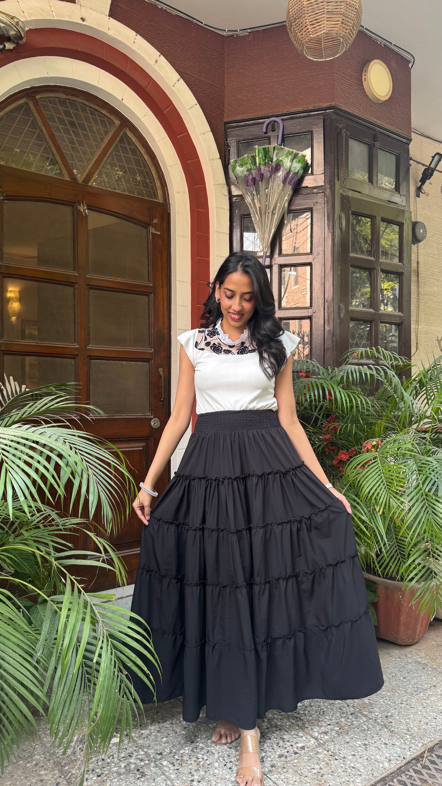 Señorita Tiered Maxi Skirt - Solid Black (Free Size)