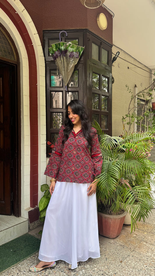 Ajrakh Short Cotton Kurti - Maroon