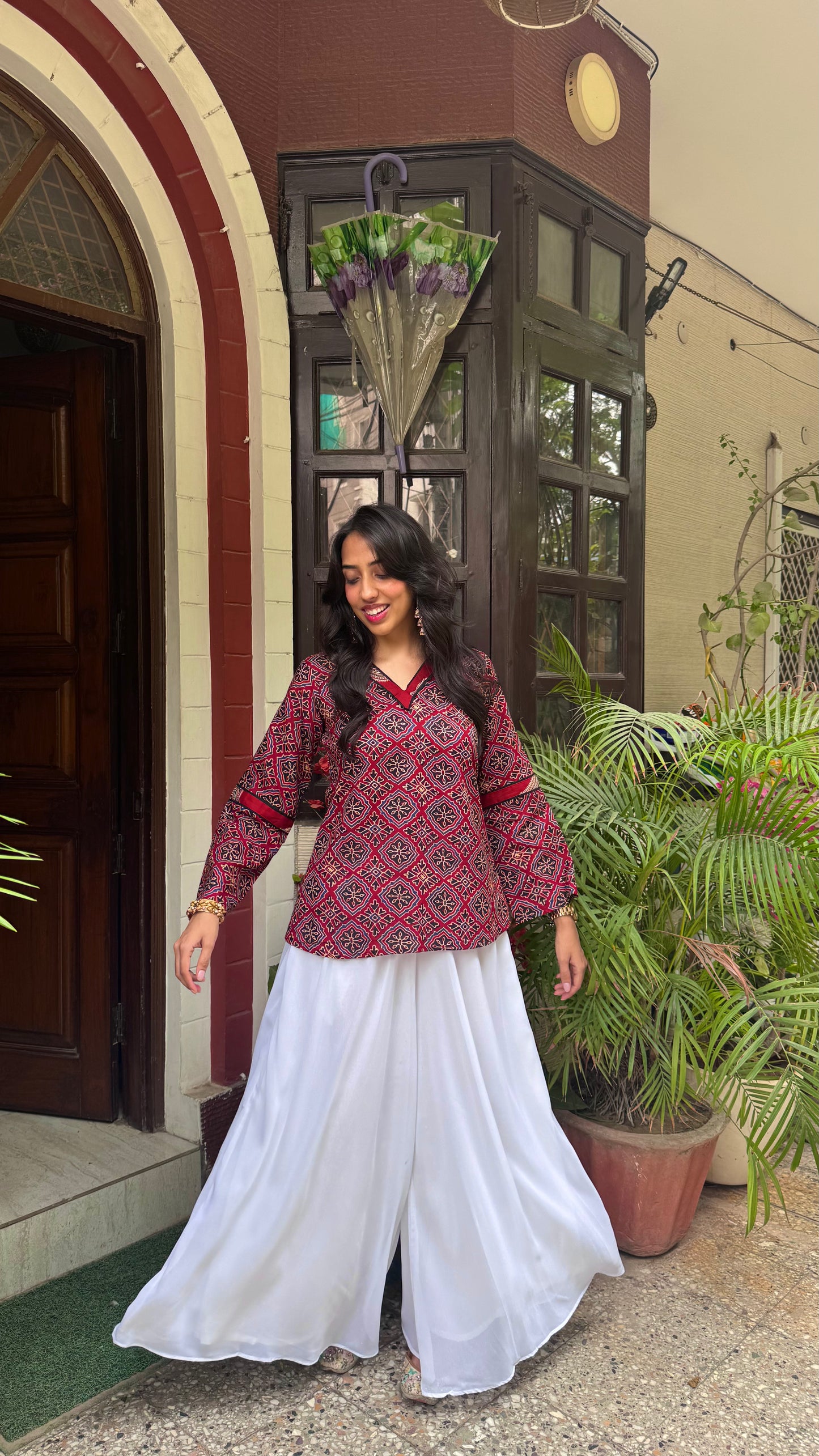 Ajrakh Short Cotton Kurti - Maroon
