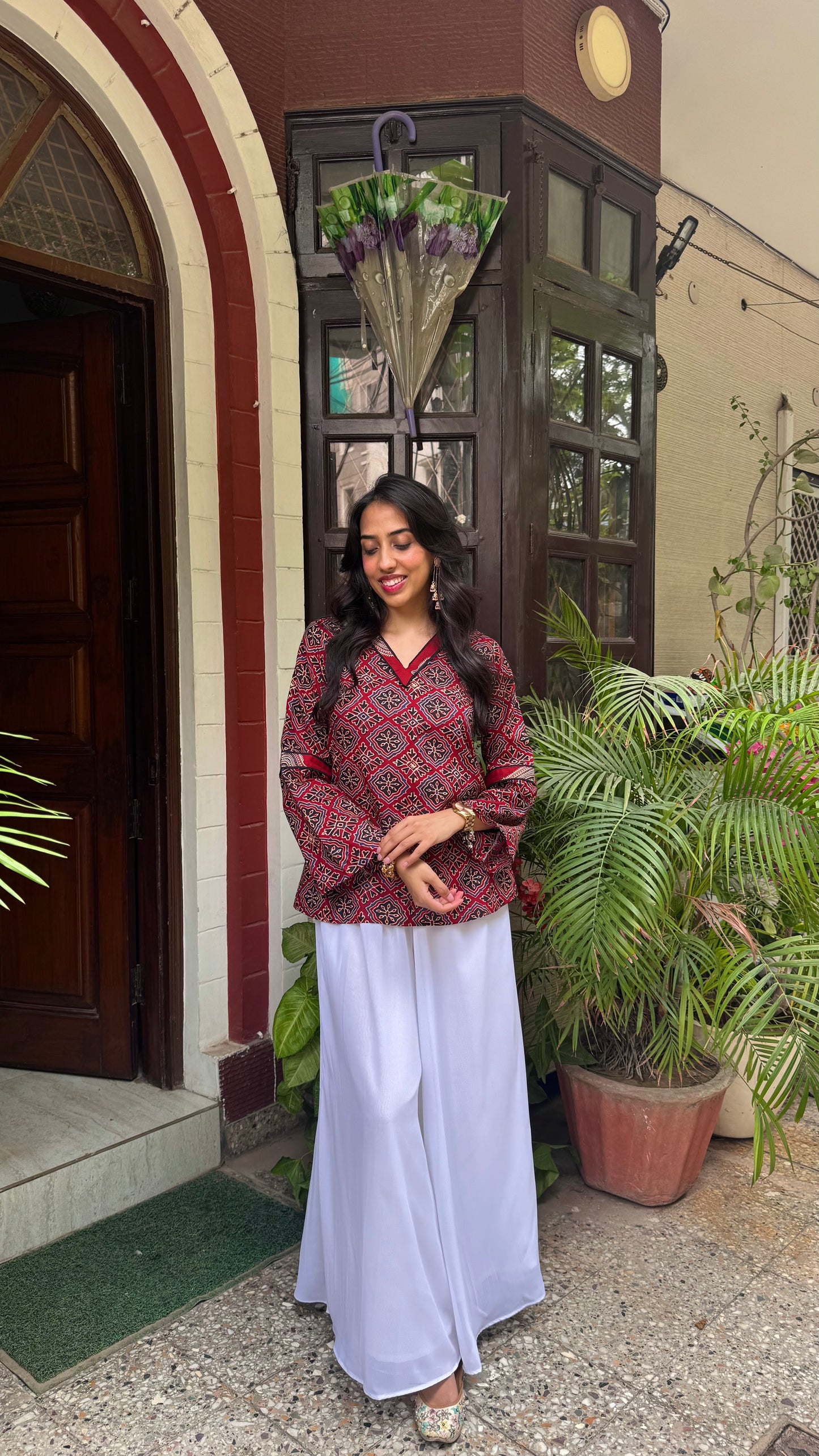 Ajrakh Short Cotton Kurti - Maroon