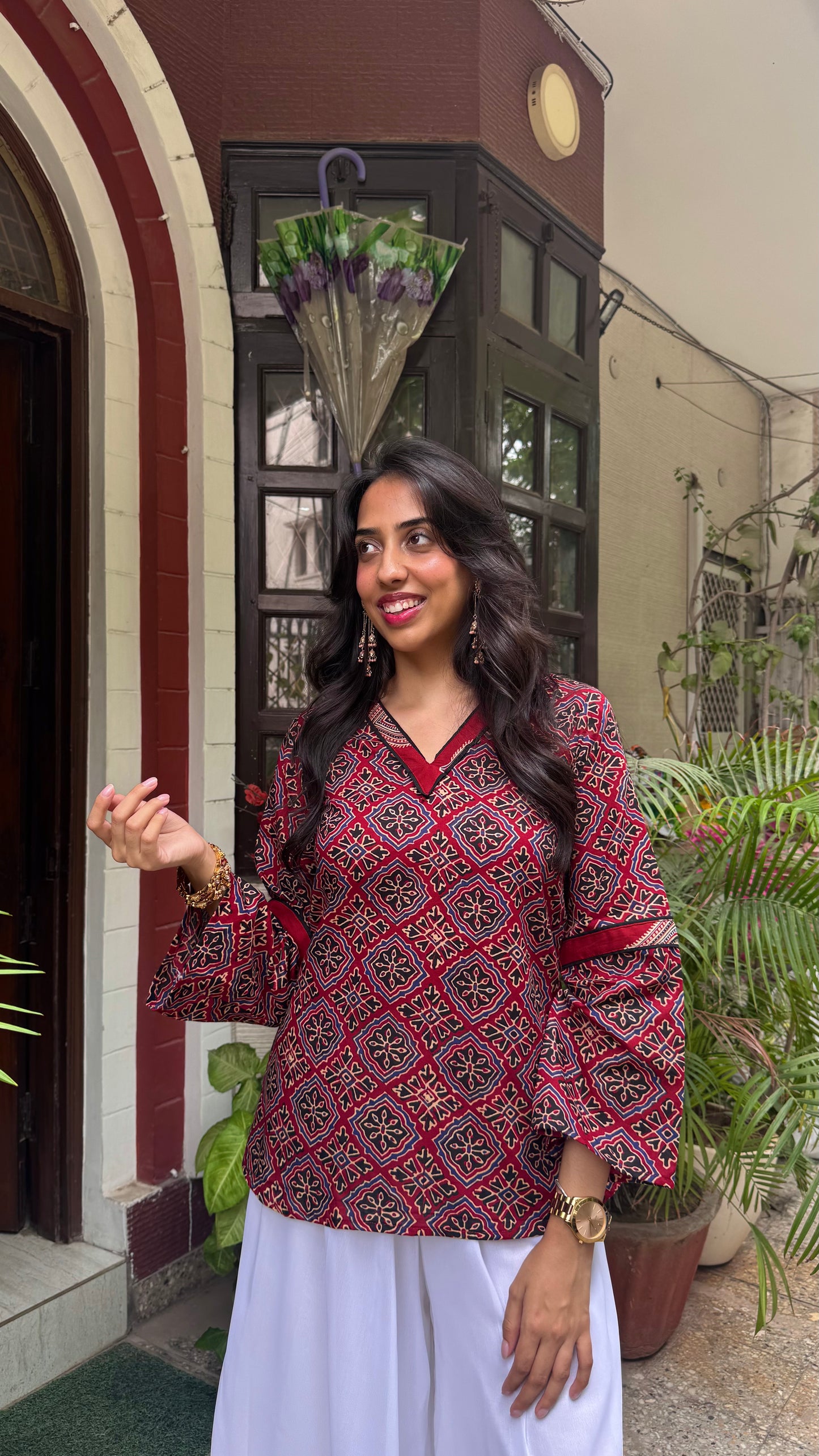 Ajrakh Short Cotton Kurti - Maroon