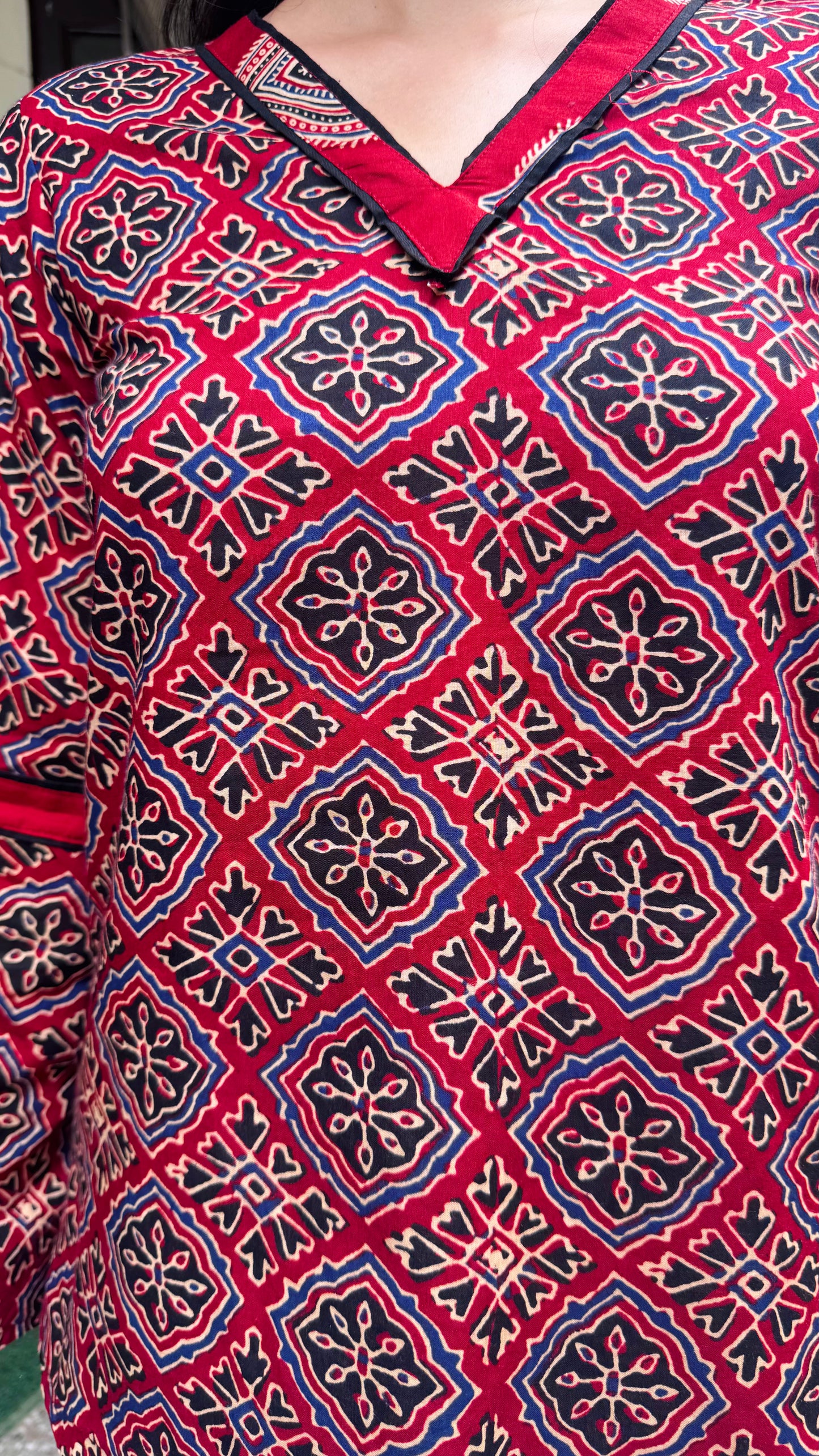 Ajrakh Short Cotton Kurti - Maroon