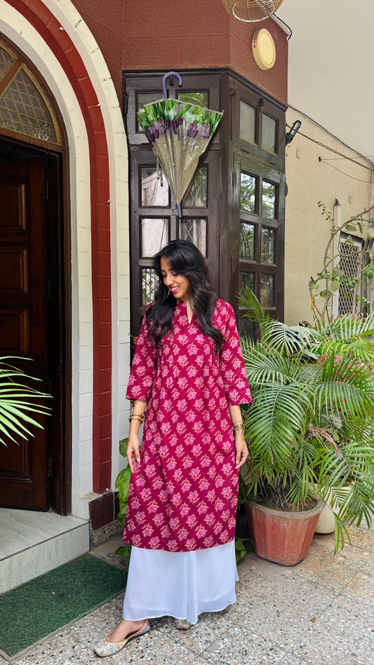 Gulnaar Panelled Cotton Kurta - Maroon (Premium Collection)