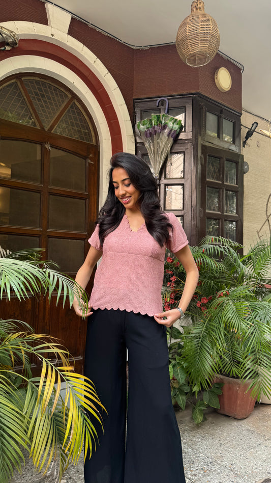 Scalloped Hem Casual Top – Pink