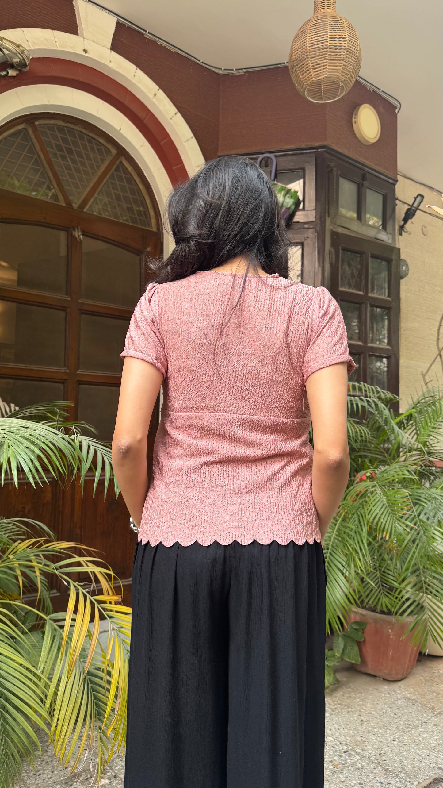 Scalloped Hem Casual Top – Pink