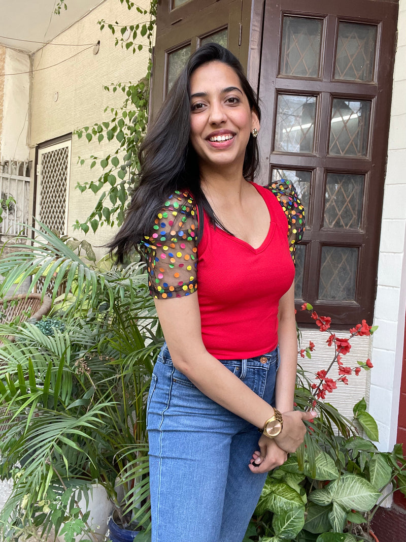 Color Puff Top-Red