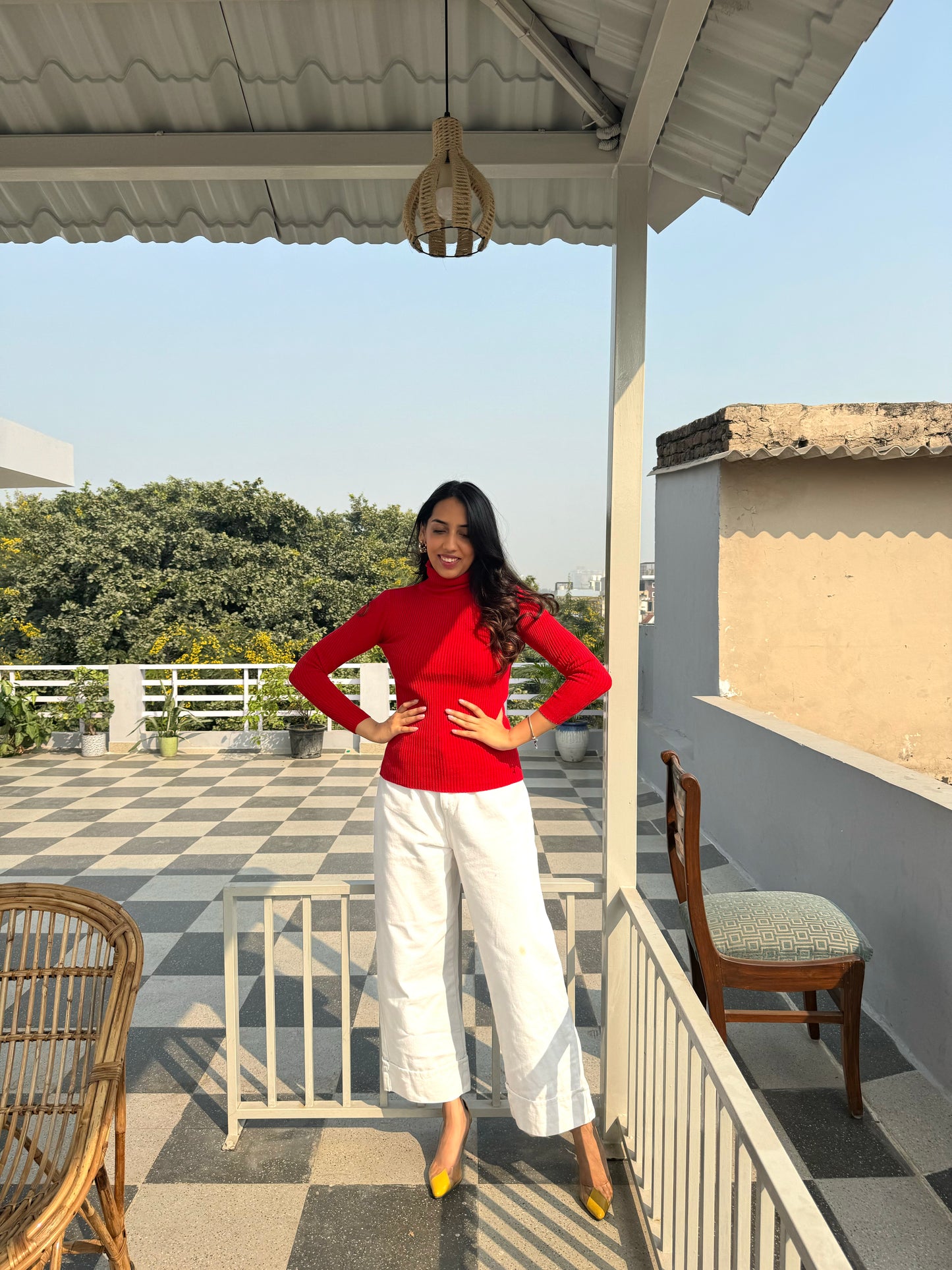 Red Fitted Ribbed Turtleneck (Free Size)