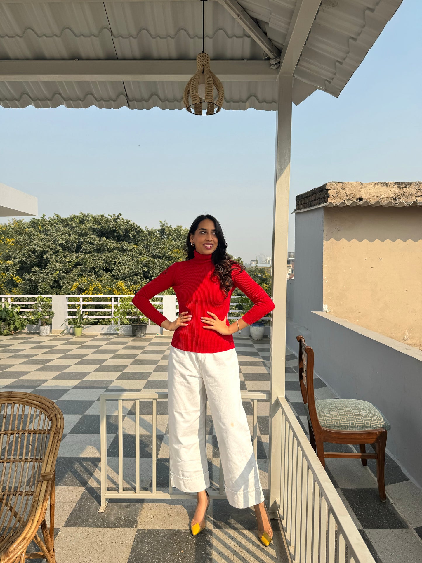 Red Fitted Ribbed Turtleneck (Free Size)