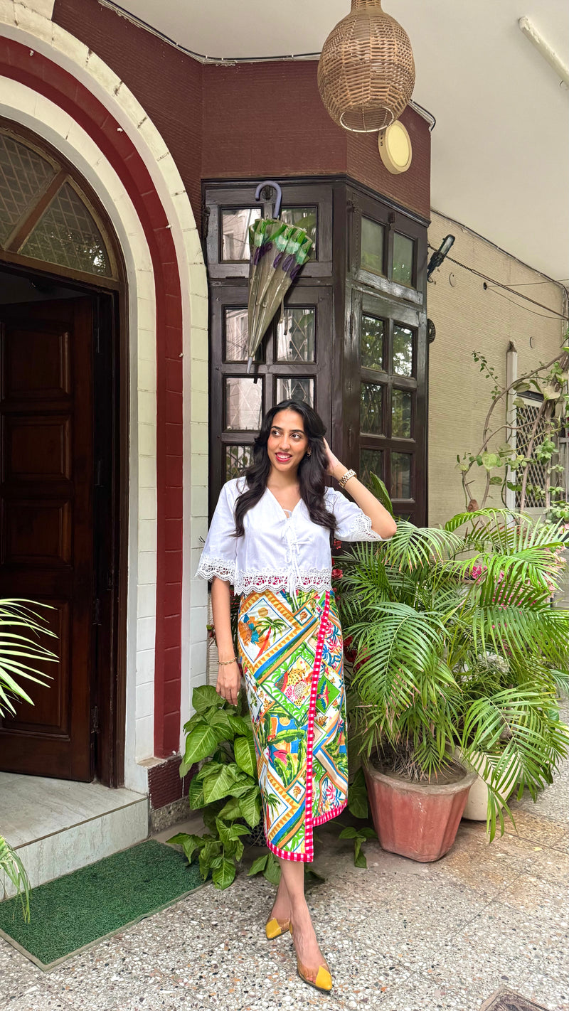 Midi Jungle Safari Cotton Wrap Skirt - White (Premium Collection)