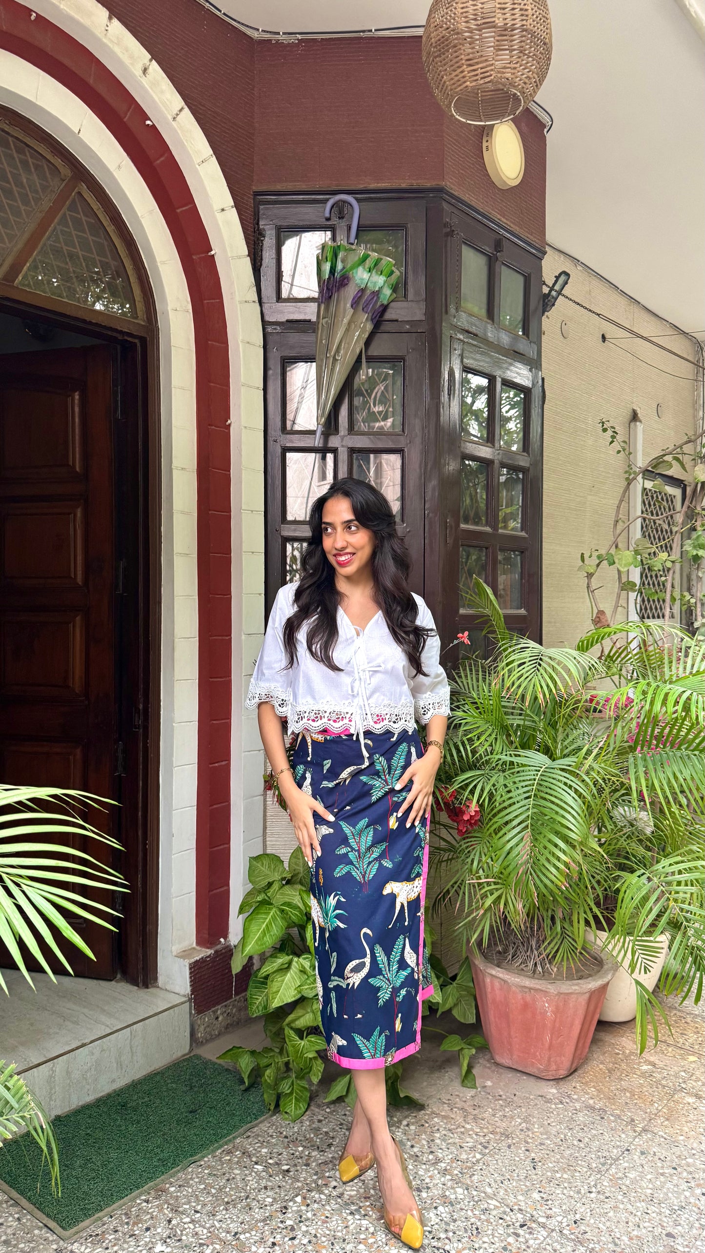 Midi Jungle Safari Cotton Wrap Skirt - Blue (Premium Collection)