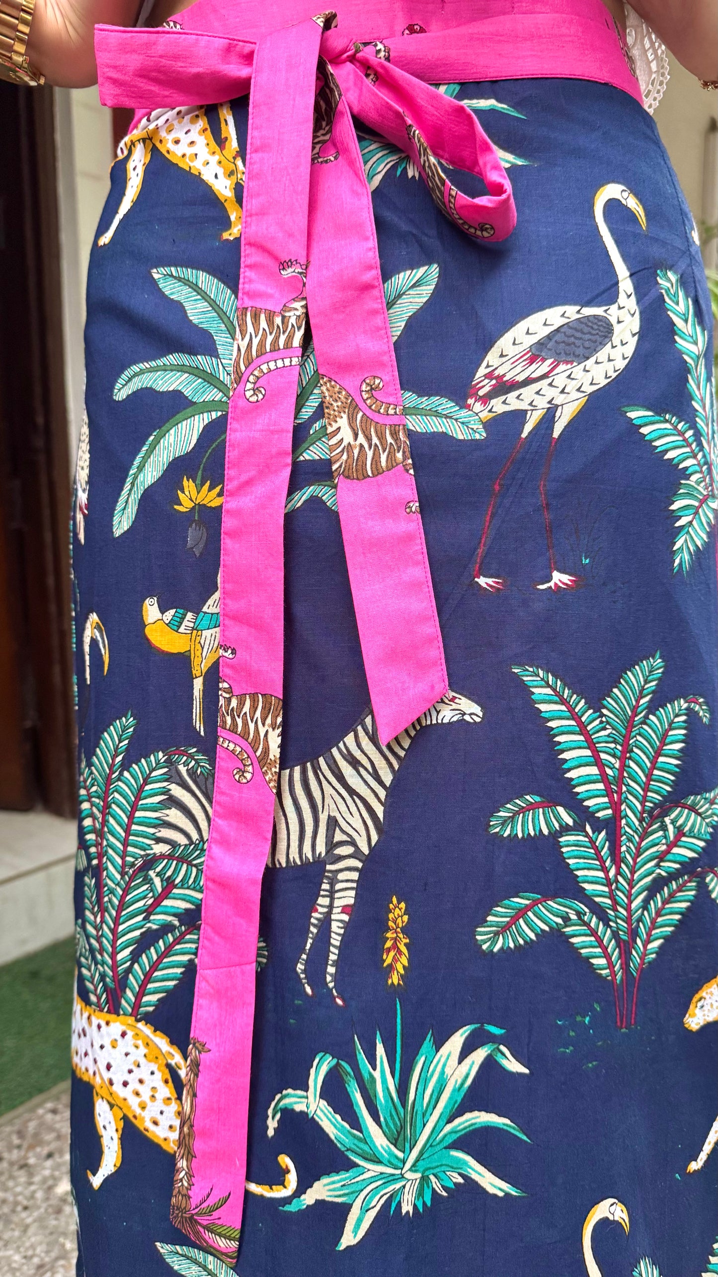 Midi Jungle Safari Cotton Wrap Skirt - Blue (Premium Collection)