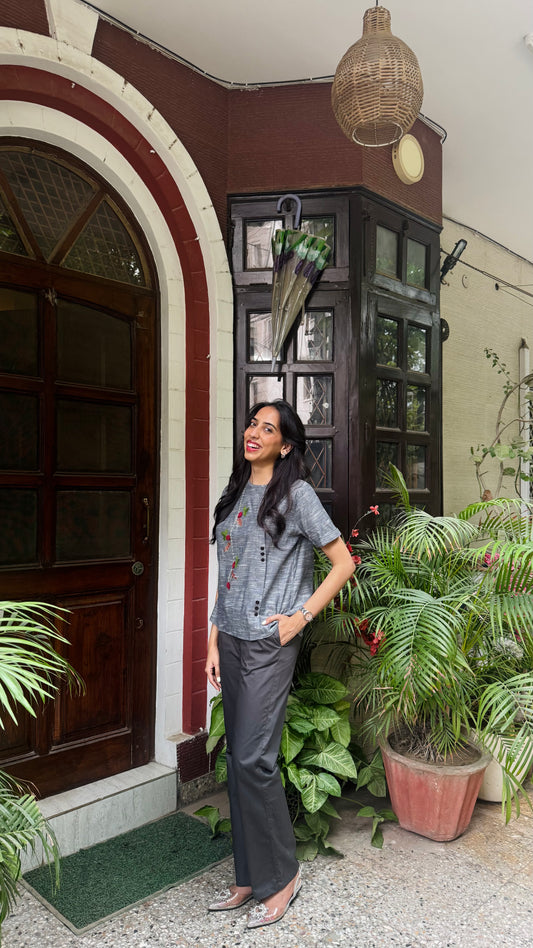Charming Cherry Cotton Top - Grey