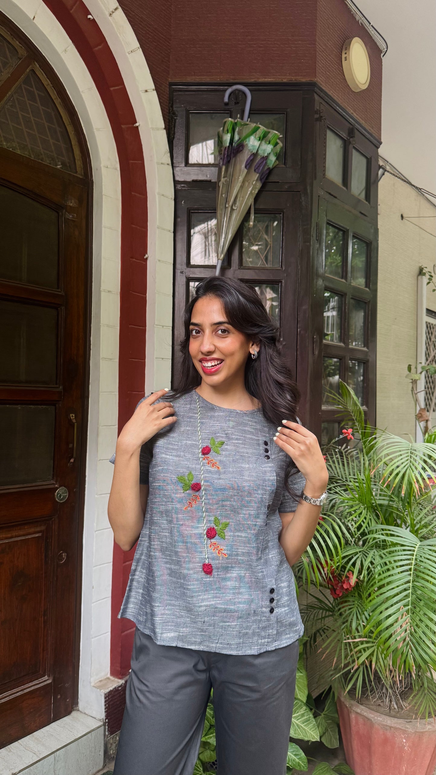 Charming Cherry Cotton Top - Grey