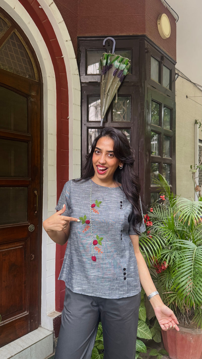 Charming Cherry Cotton Top - Grey