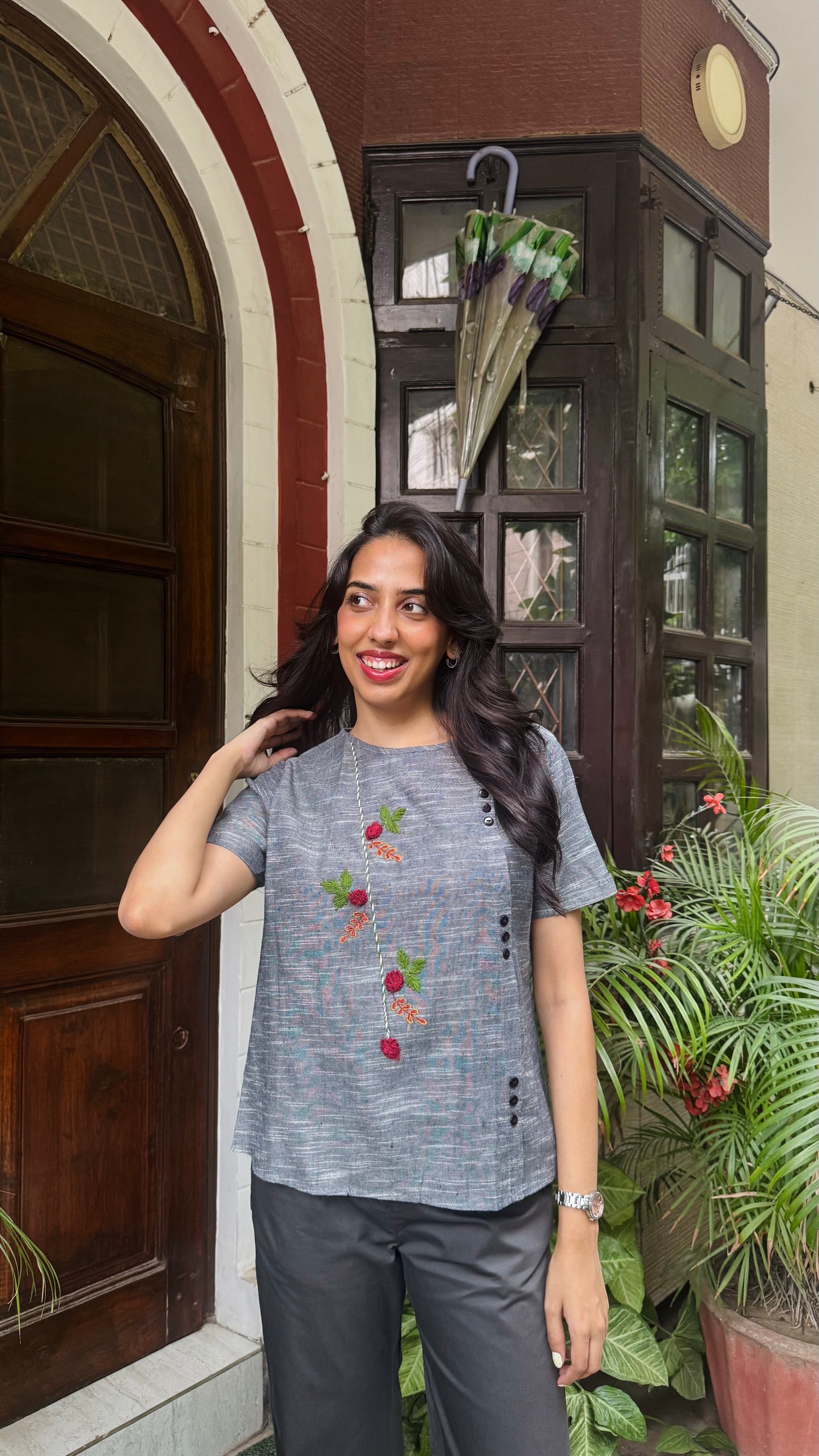 Charming Cherry Cotton Top - Grey
