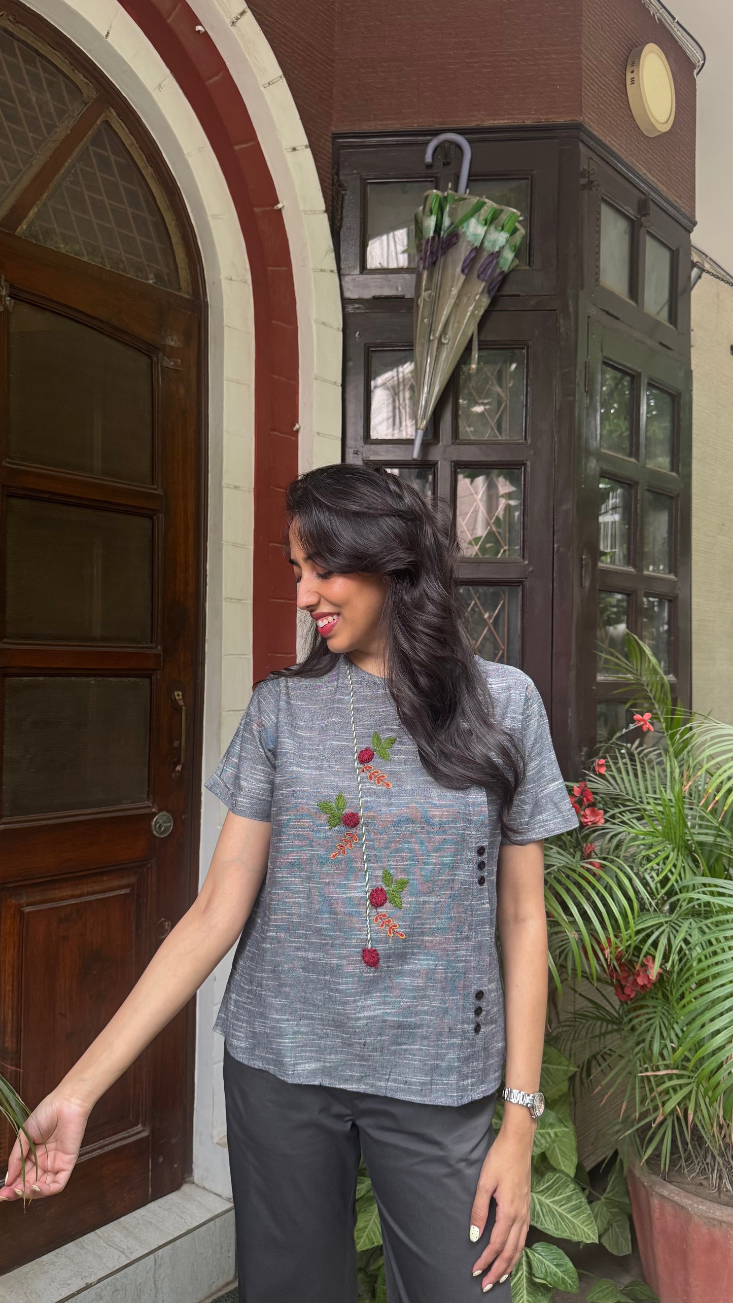 Charming Cherry Cotton Top - Grey