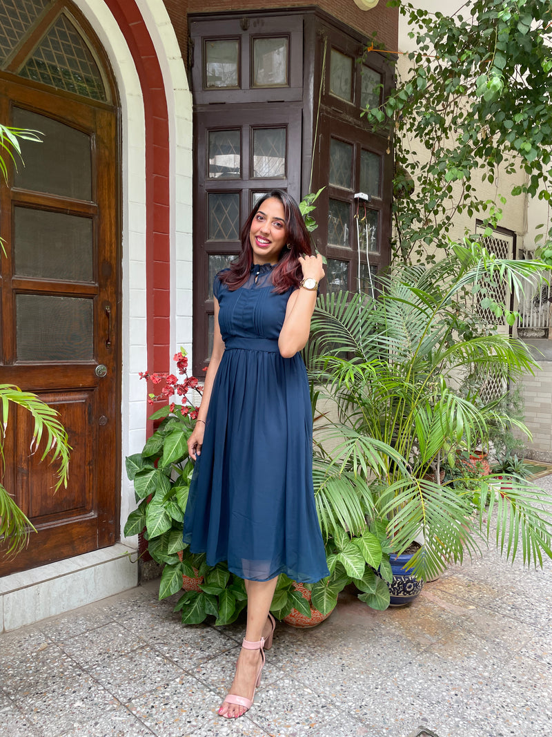 Trophy Georgette Dress- Navy Blue