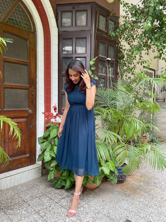 Trophy Georgette Dress- Navy Blue