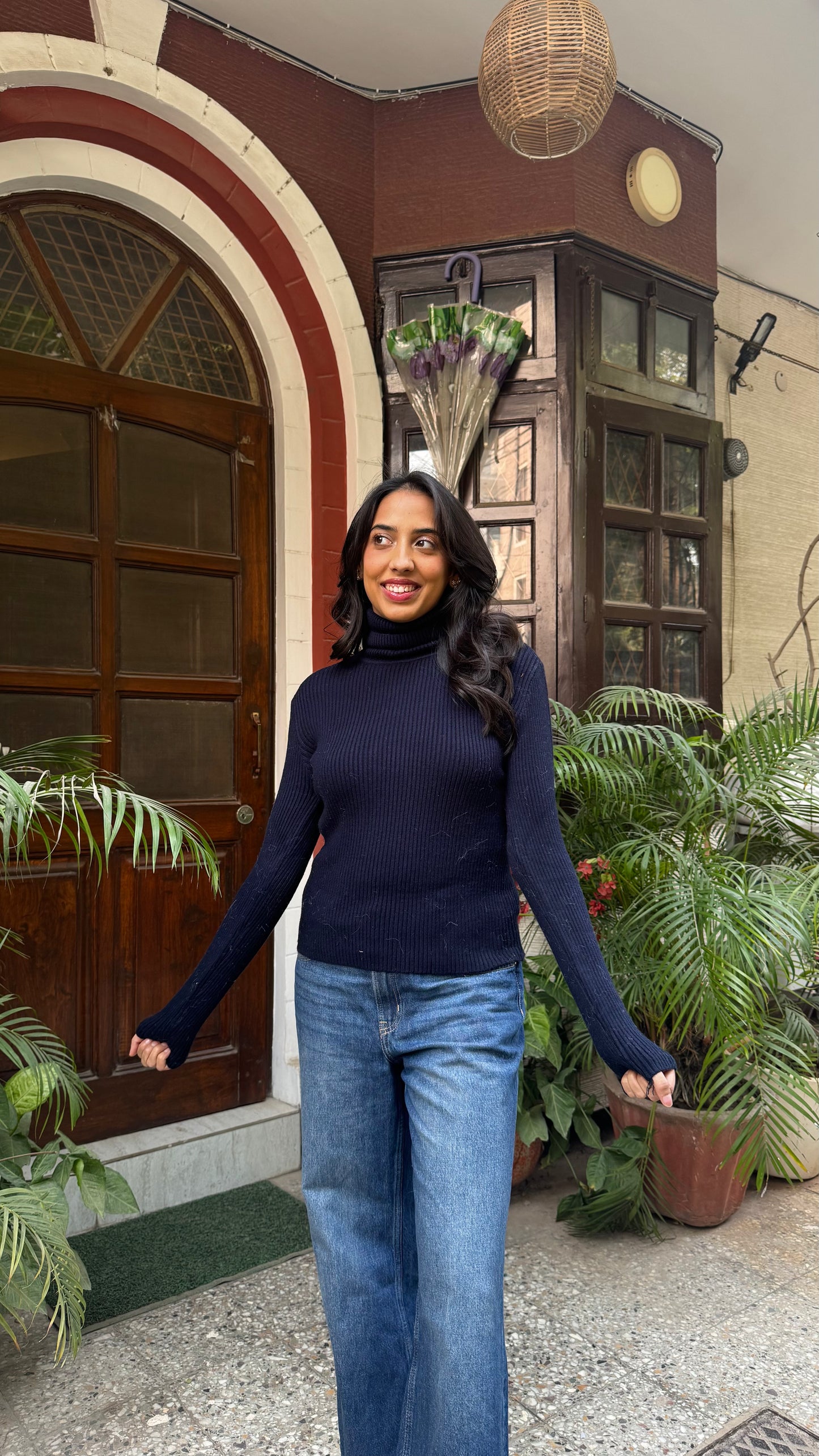 Navy Fitted Ribbed Turtleneck (Free Size)