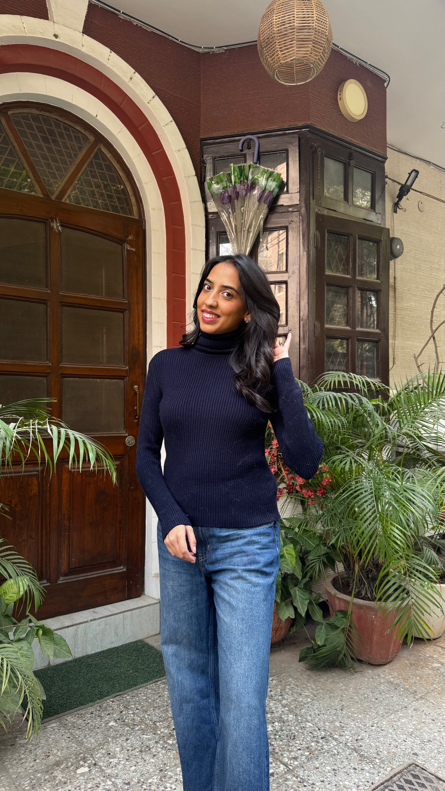 Navy Fitted Ribbed Turtleneck (Free Size)