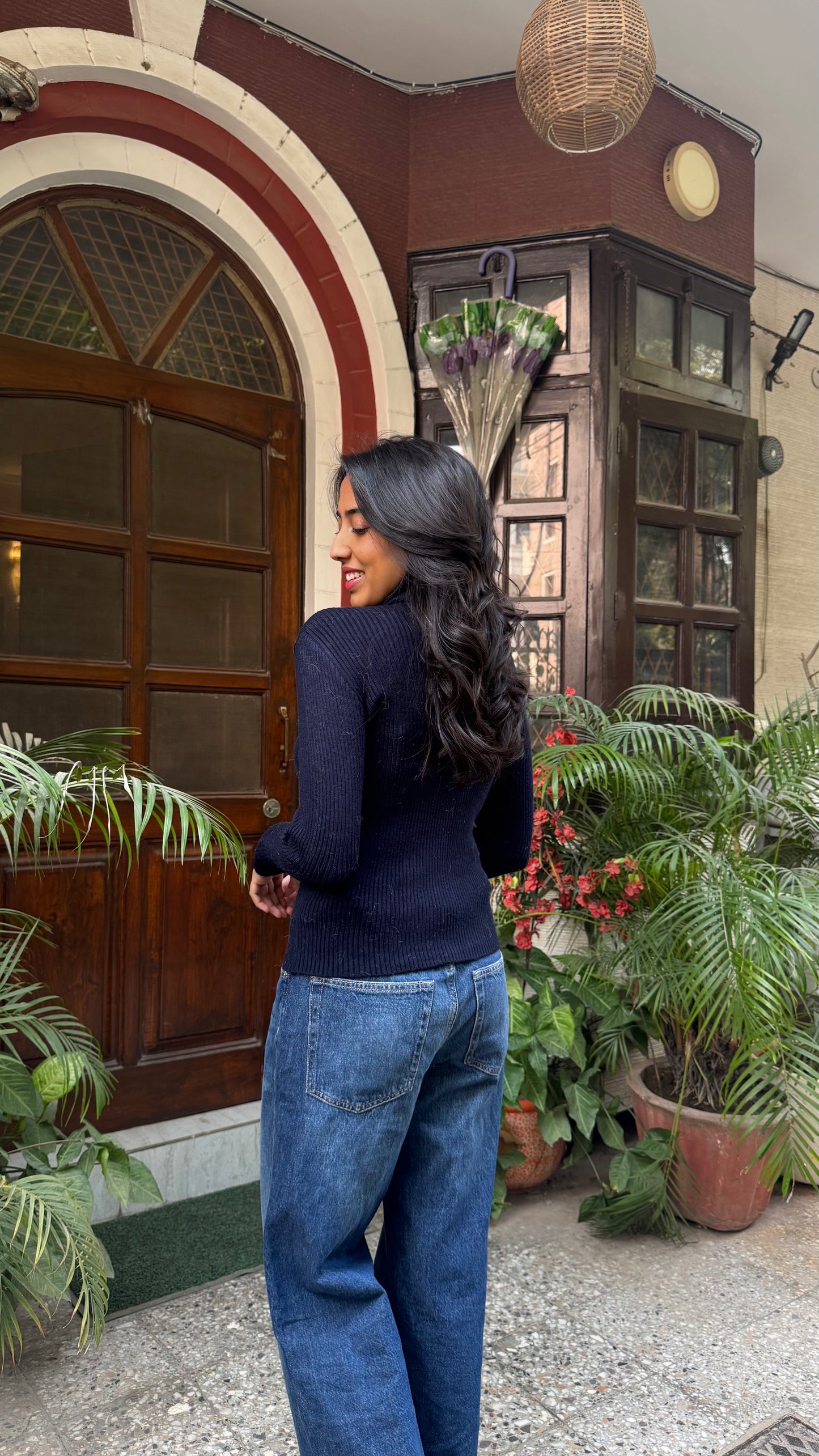Navy Fitted Ribbed Turtleneck (Free Size)