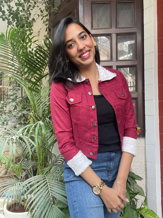 Fur Lined Denim Jacket-Maroon