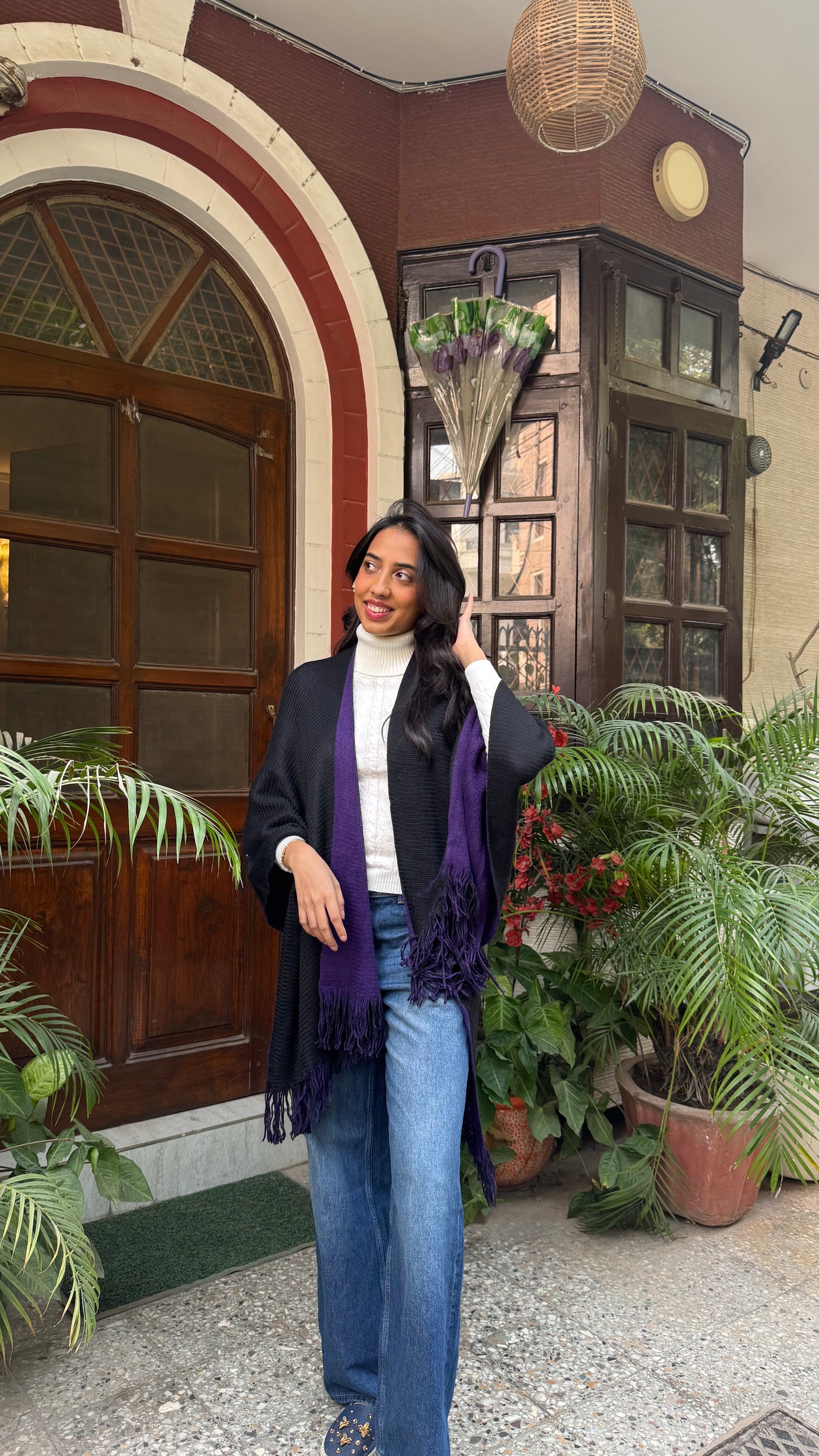 Cozy Double Sided Shawl -Purple/Black (Free Size)