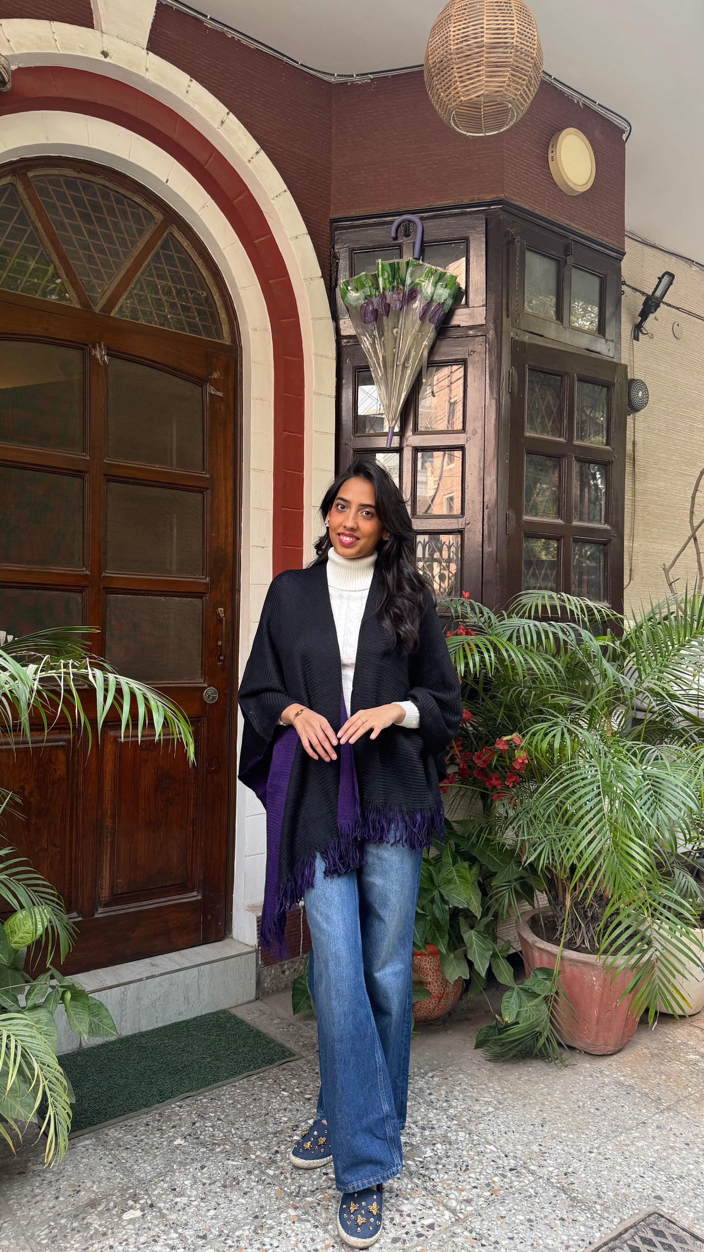 Cozy Double Sided Shawl -Purple/Black (Free Size)