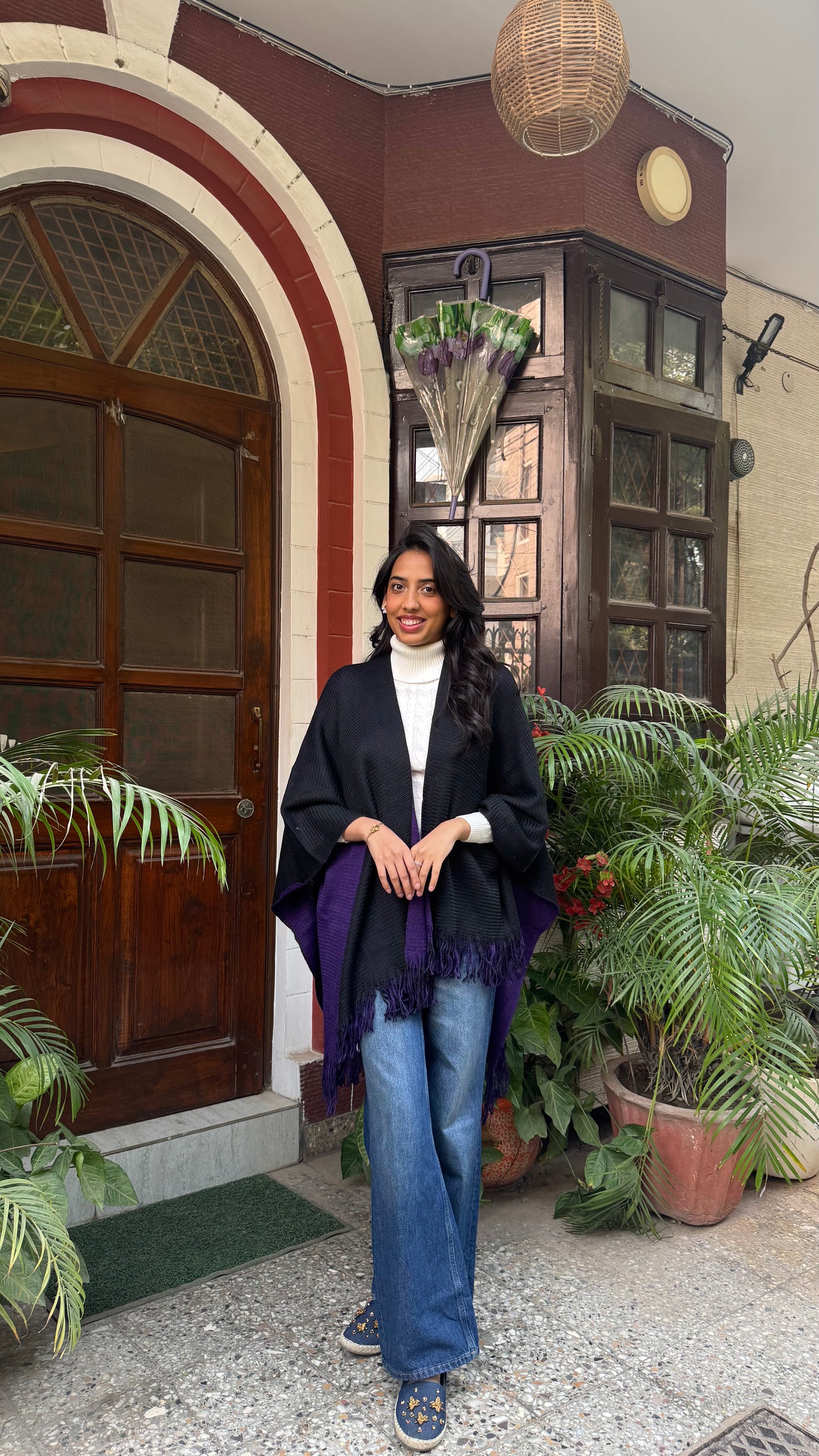 Cozy Double Sided Shawl -Purple/Black (Free Size)