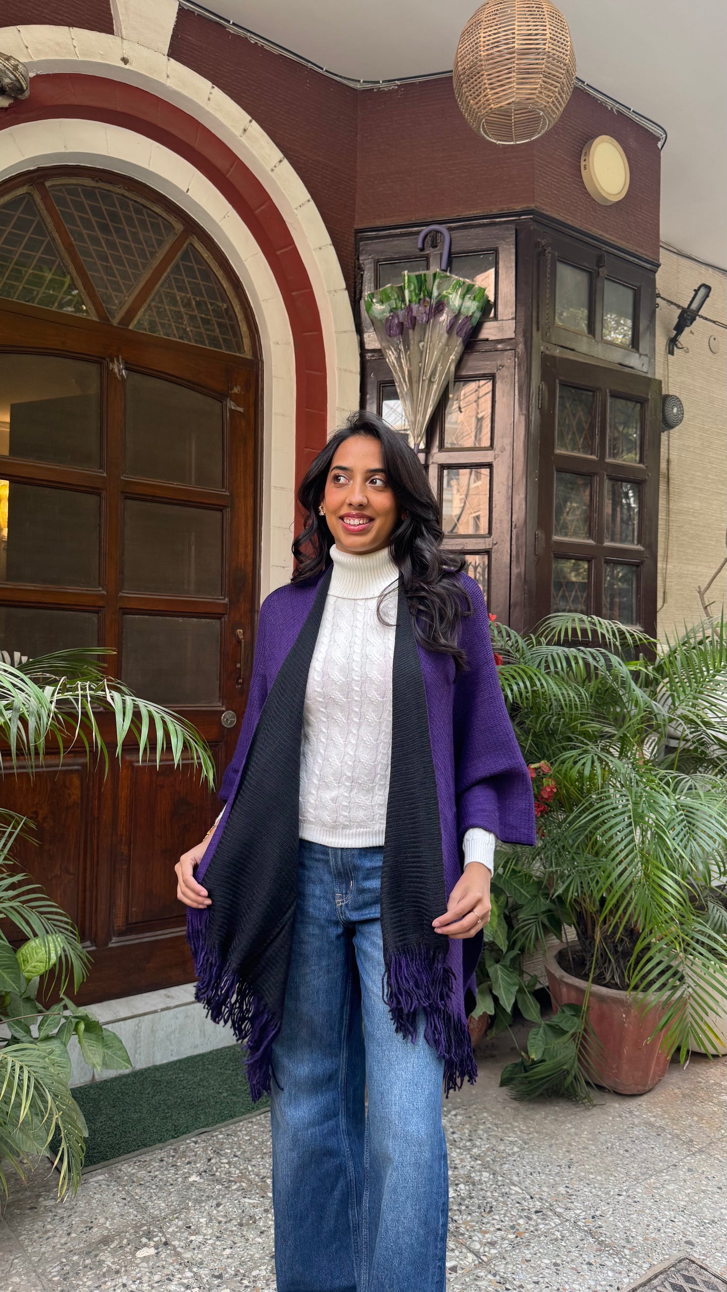 Cozy Double Sided Shawl -Purple/Black (Free Size)