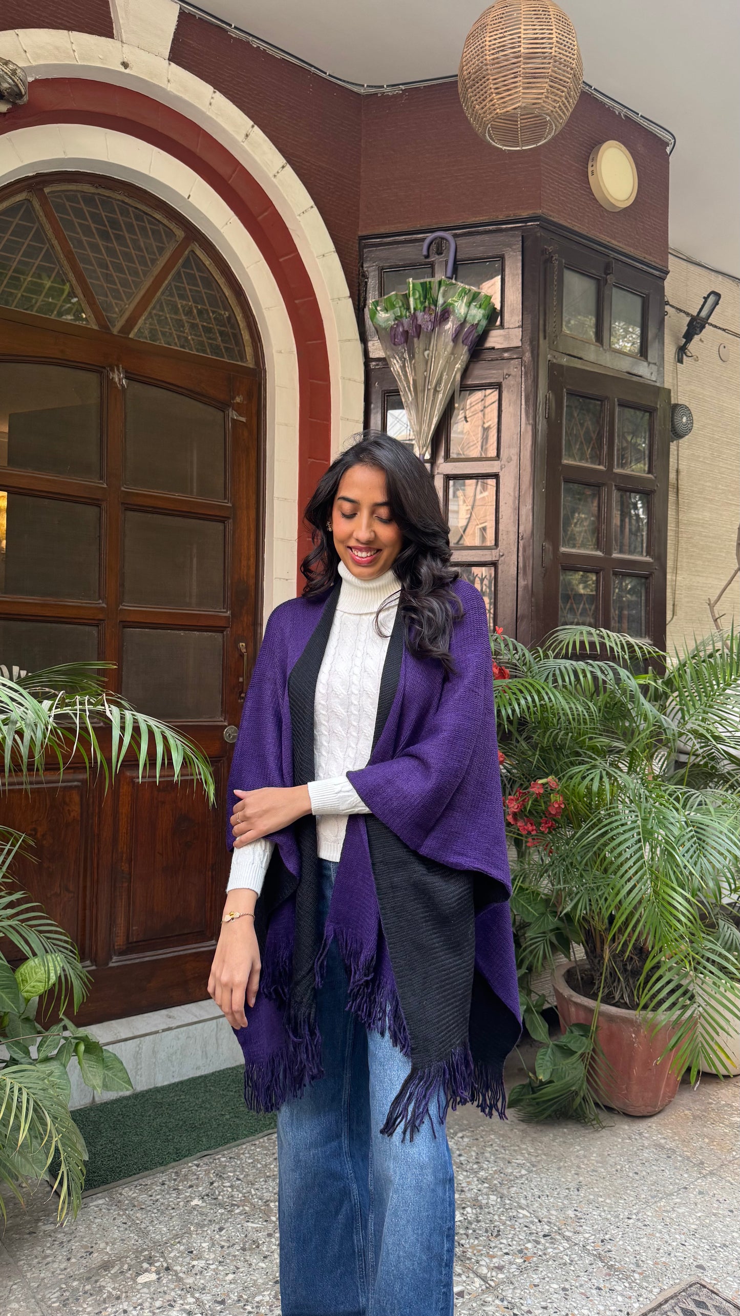 Cozy Double Sided Shawl -Purple/Black (Free Size)