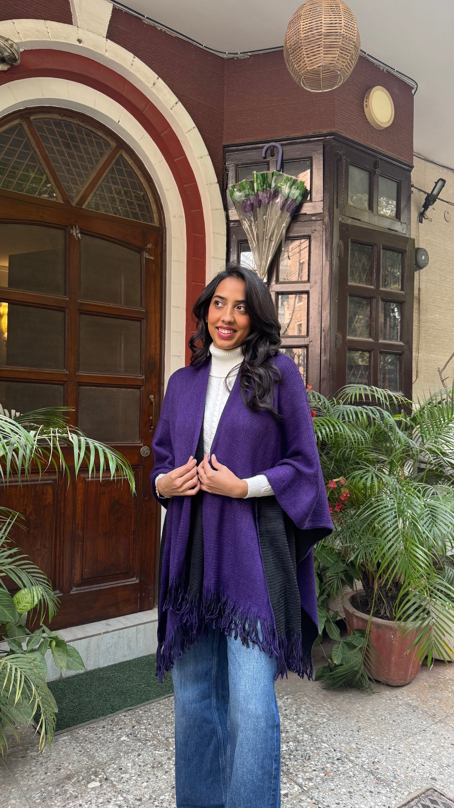 Cozy Double Sided Shawl -Purple/Black (Free Size)