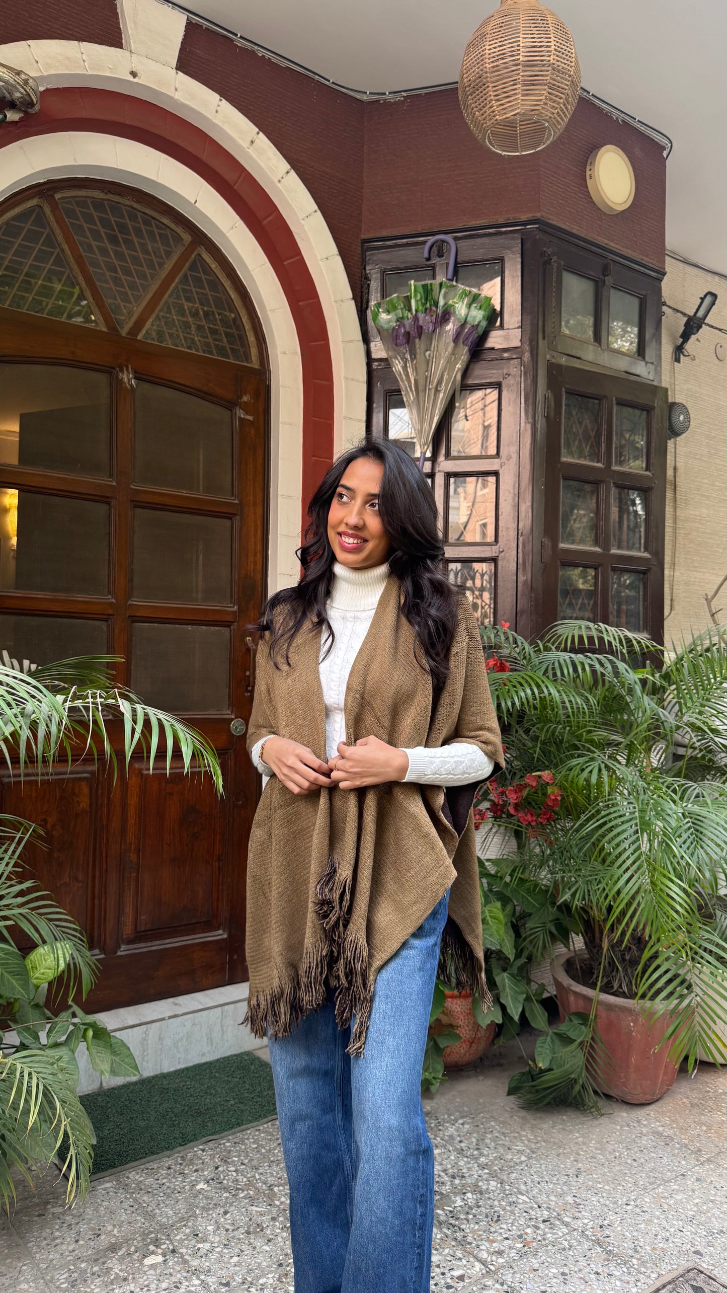 Cozy Double Sided Shawl -Brown/Beige (Free Size)