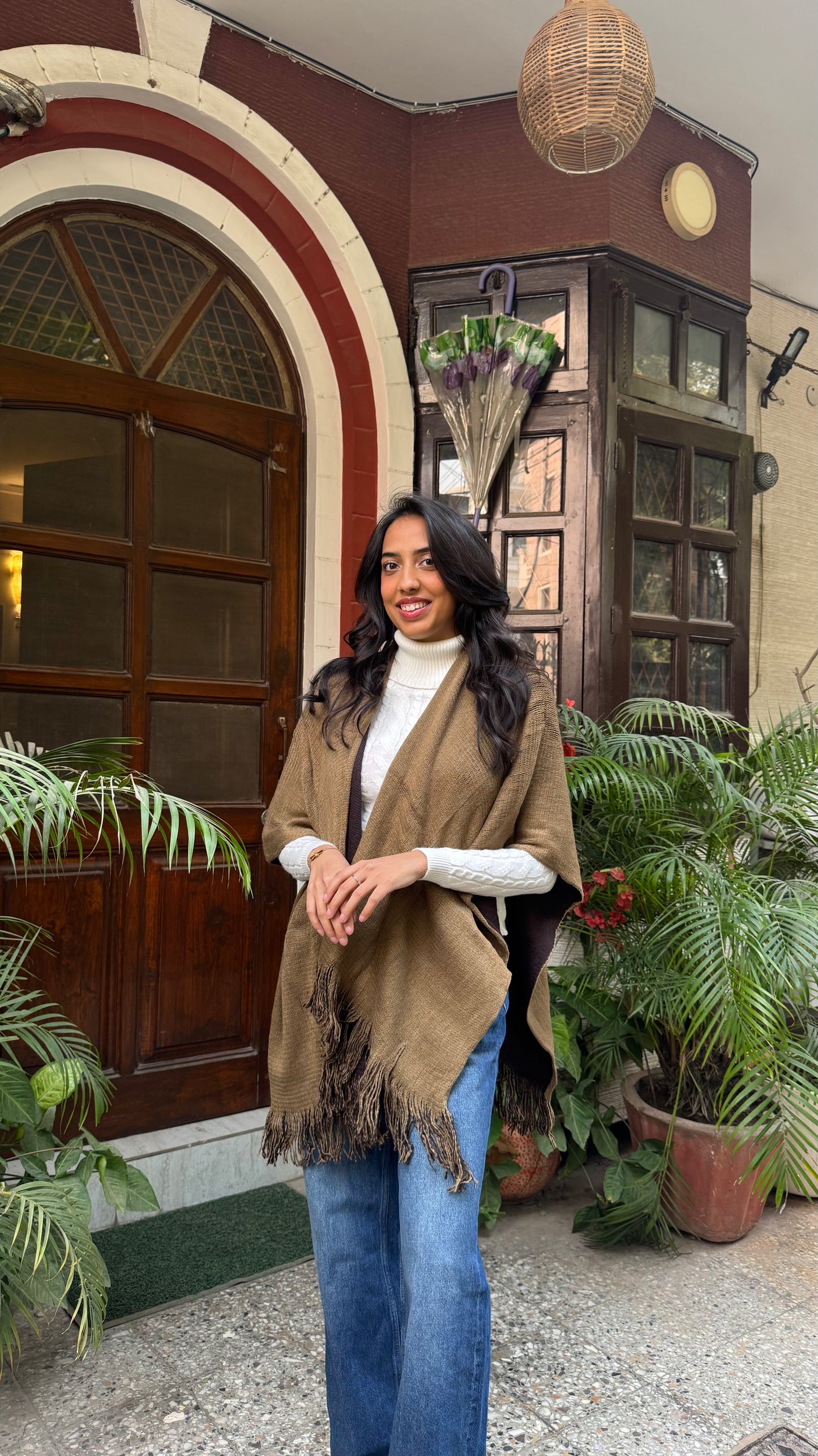 Cozy Double Sided Shawl -Brown/Beige (Free Size)