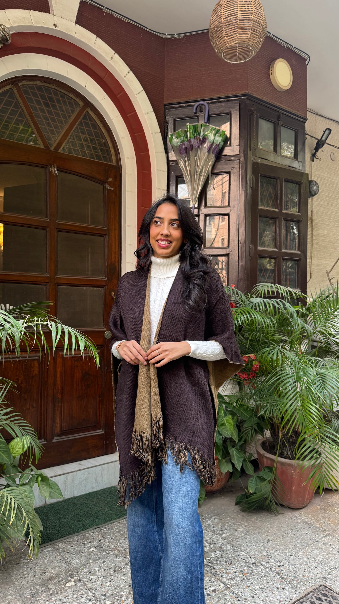 Cozy Double Sided Shawl -Brown/Beige (Free Size)