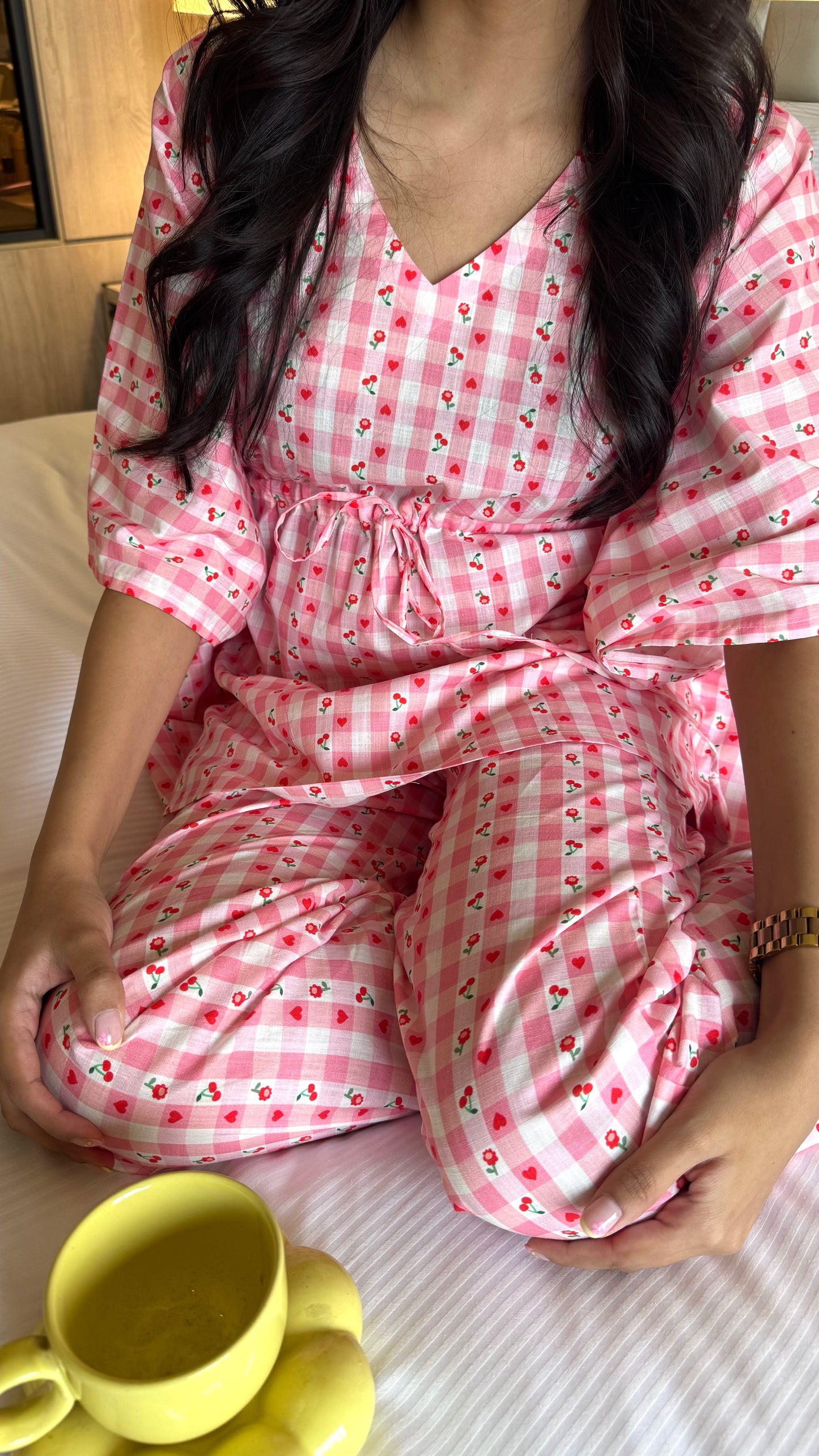 Butter Soft Cotton Kaftan Set (Premium Fabric) - Cherry pink