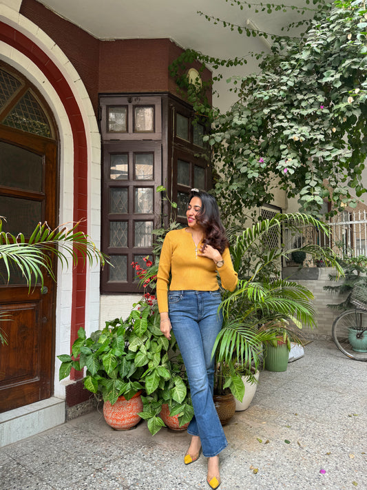 Ribbed Mustard Sweater (Free Size)